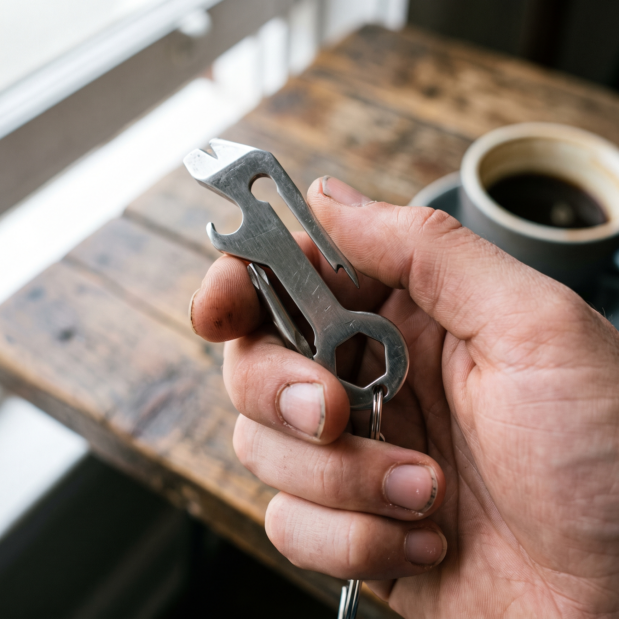 Keychain multi-tool showing bottle opener, screwdriver and wrench cutouts