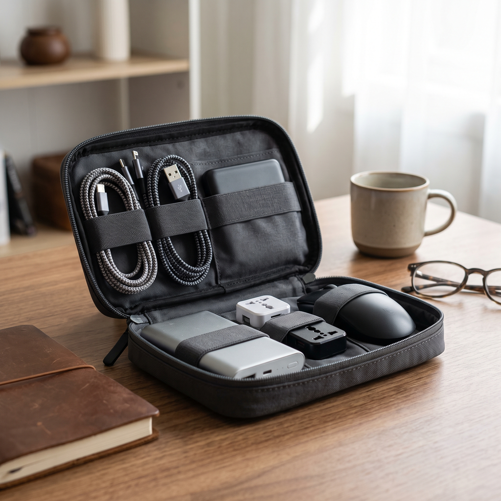 Open tech organizer pouch holding cables, power bank and adapters in elastic loops