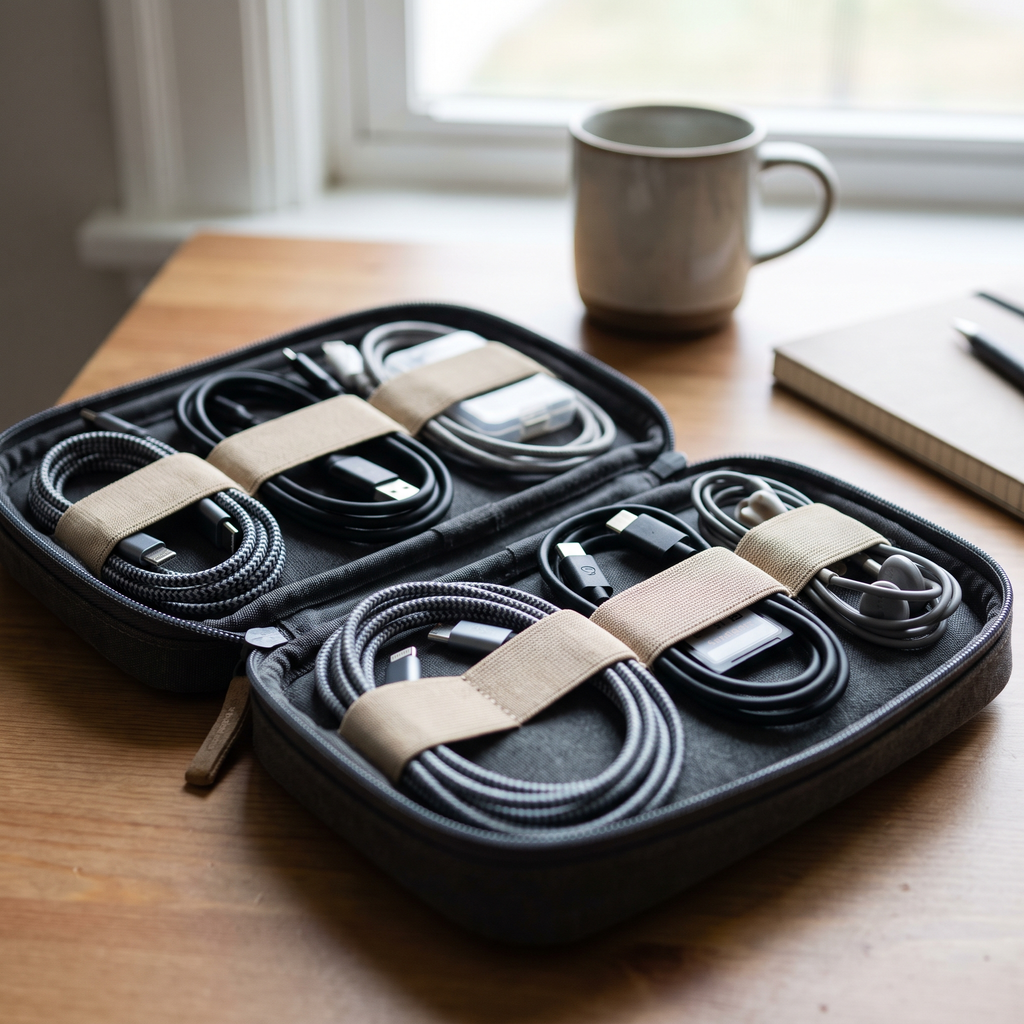 Coiled cables and accessories tidy in a tech organizer pouch
