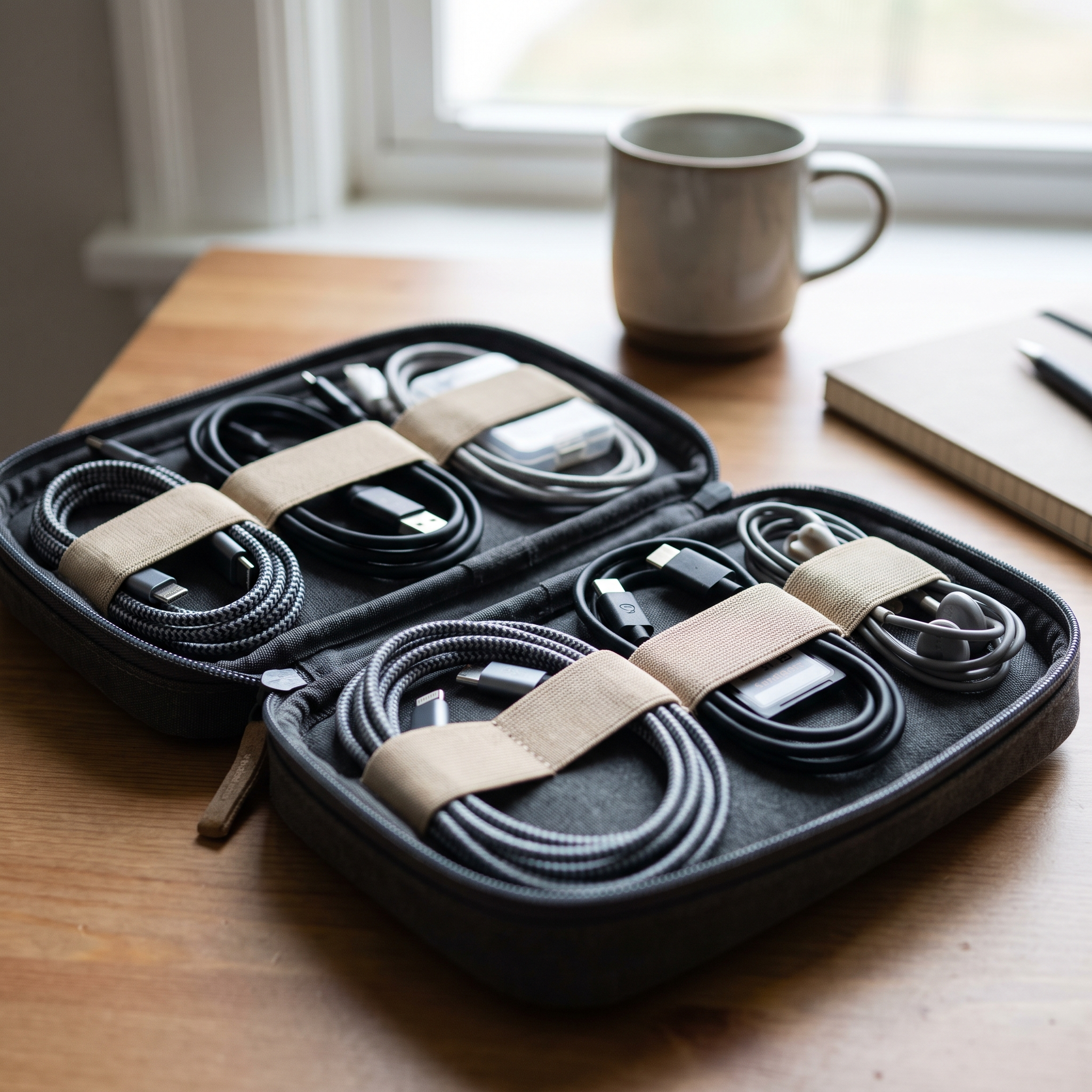 Coiled cables and accessories tidy in a tech organizer pouch