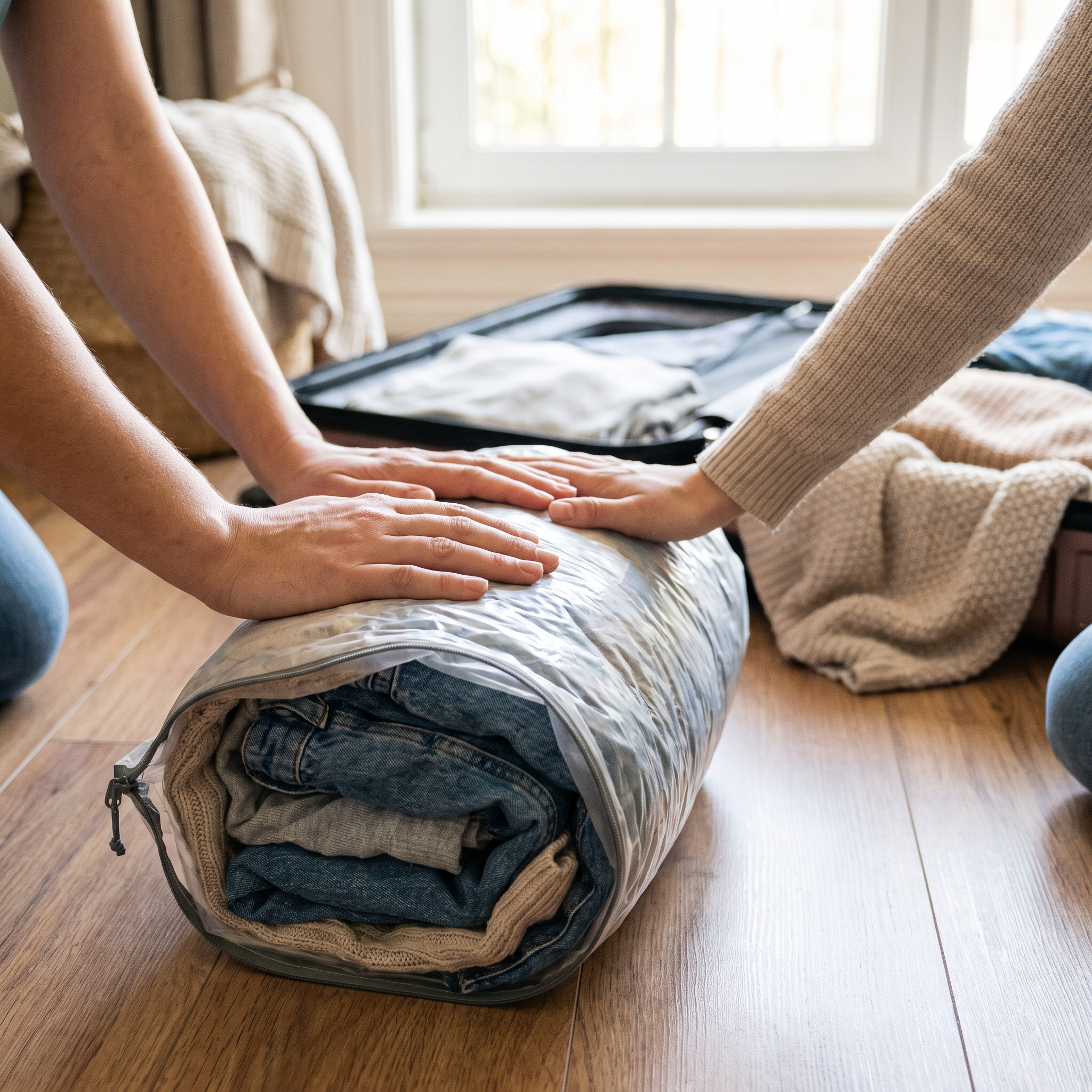 Person rolling a compression packing bag to squeeze air out for a suitcase