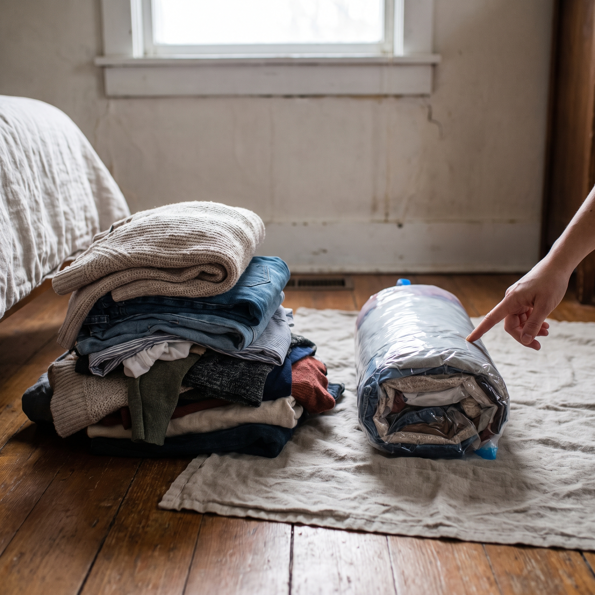 Bulky clothes compared with the same clothes flattened in a compression bag