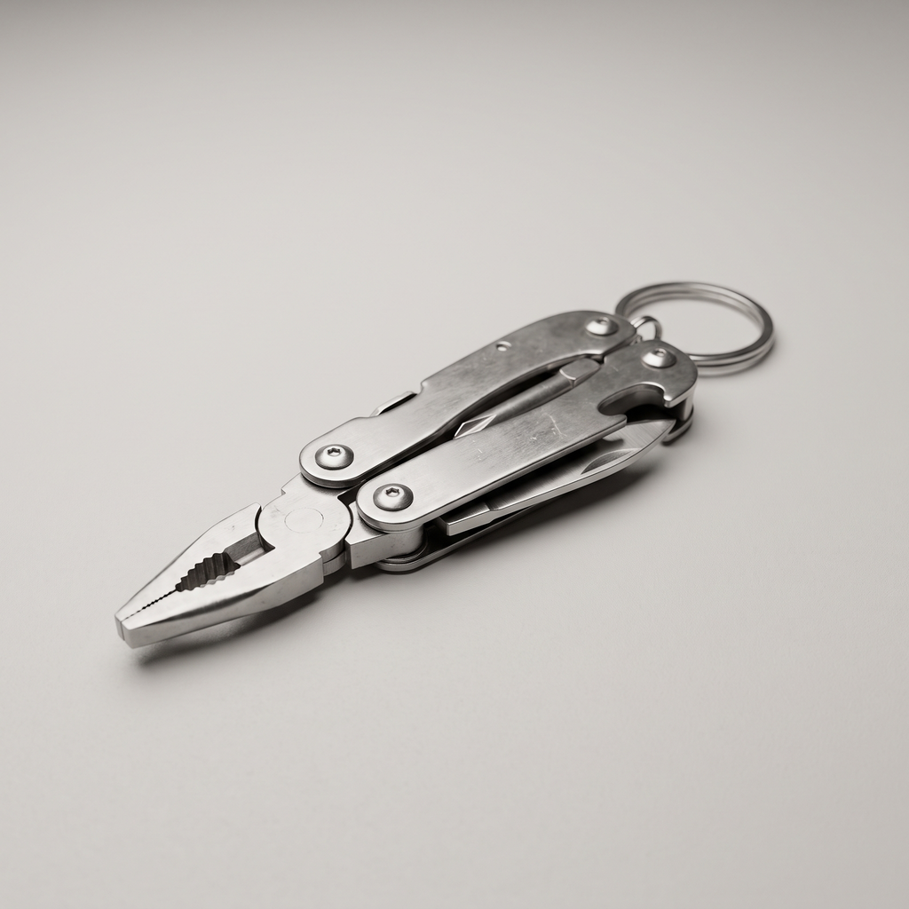 Compact stainless steel keychain multi-tool product shot