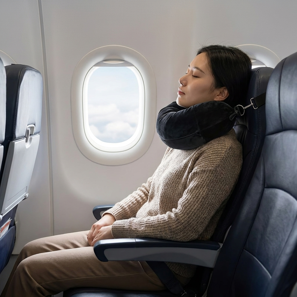 Traveller asleep in a plane seat supported by the memory foam neck pillow