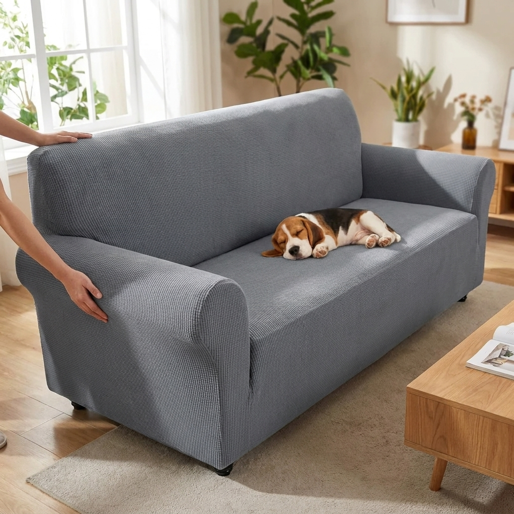 Person smoothing the stretch jacquard cover onto a three-seater sofa with a dog nearby