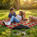 Couple relaxing on the fleece picnic blanket in a sunny park