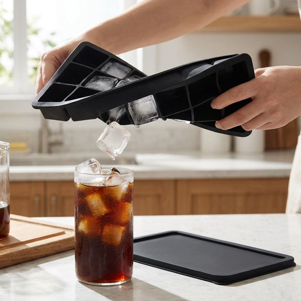 Large ice cubes dropping from the silicone tray into a glass of iced coffee