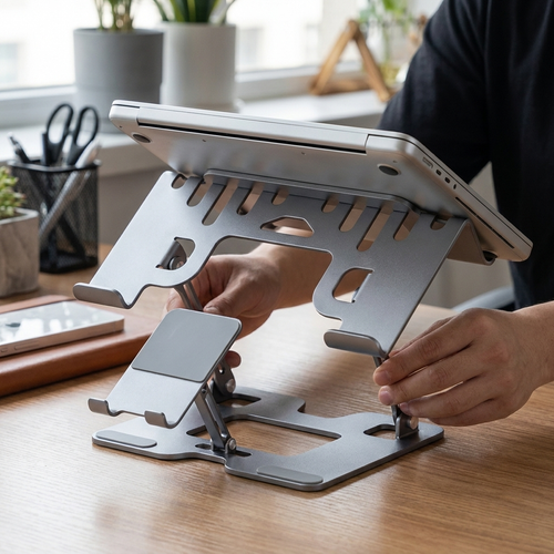 Hands adjusting the height and angle of the steel laptop stand