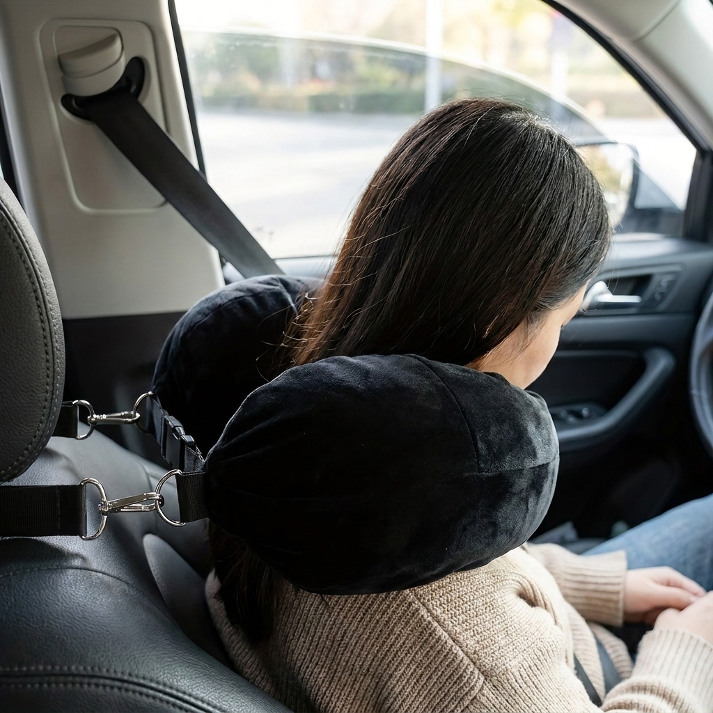 Memory foam neck pillow cradling a traveller's neck in a car seat