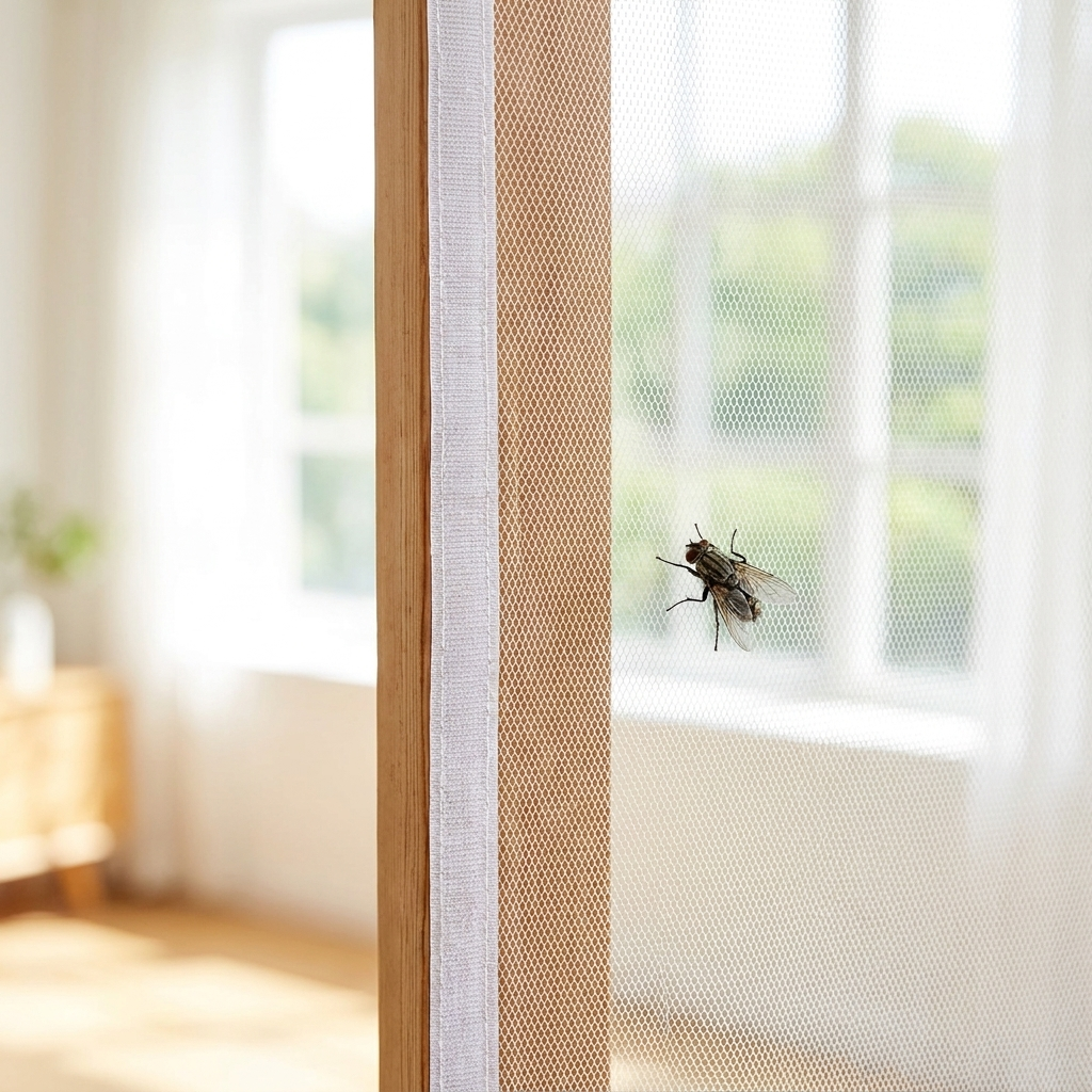 Close-up of the fine fly screen mesh keeping insects outside the window