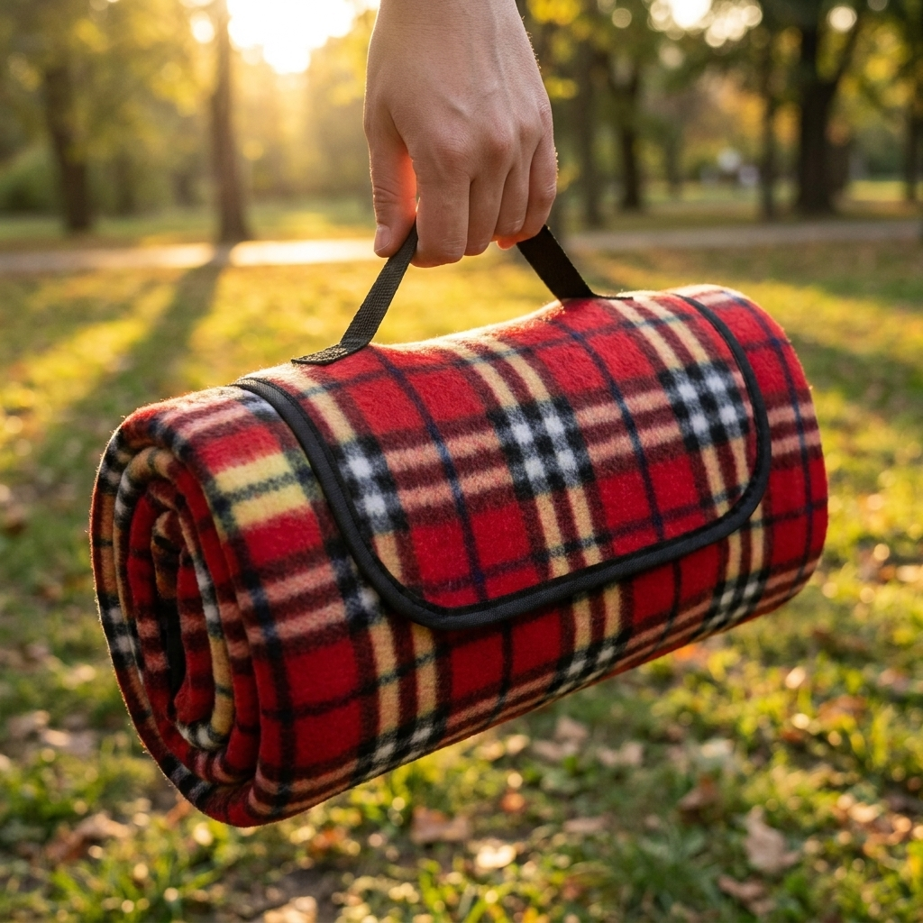 Picnic blanket folded into its compact carry form with handle