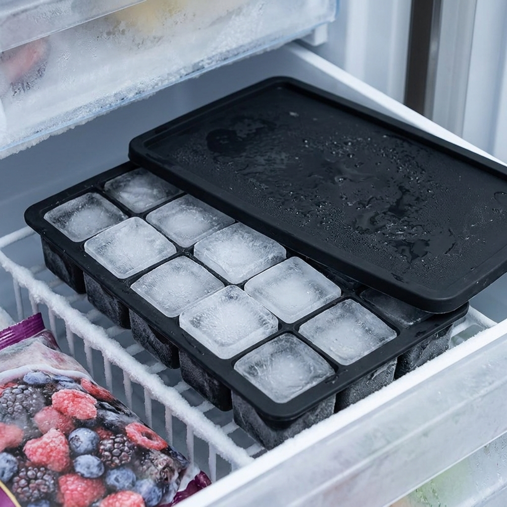 Silicone ice cube tray with lid half open showing large frozen cubes