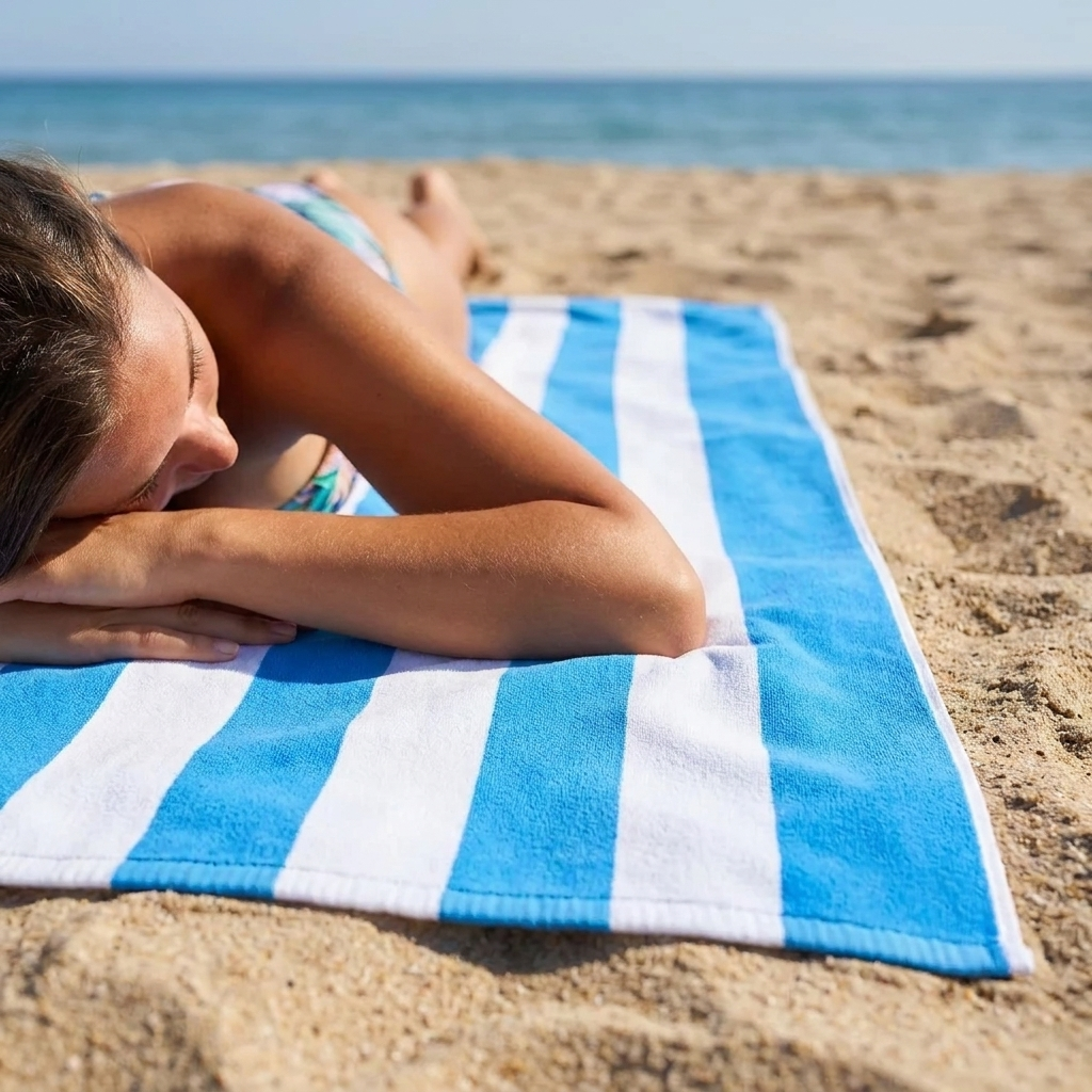Person lying on the sand-free microfibre beach towel on the sand