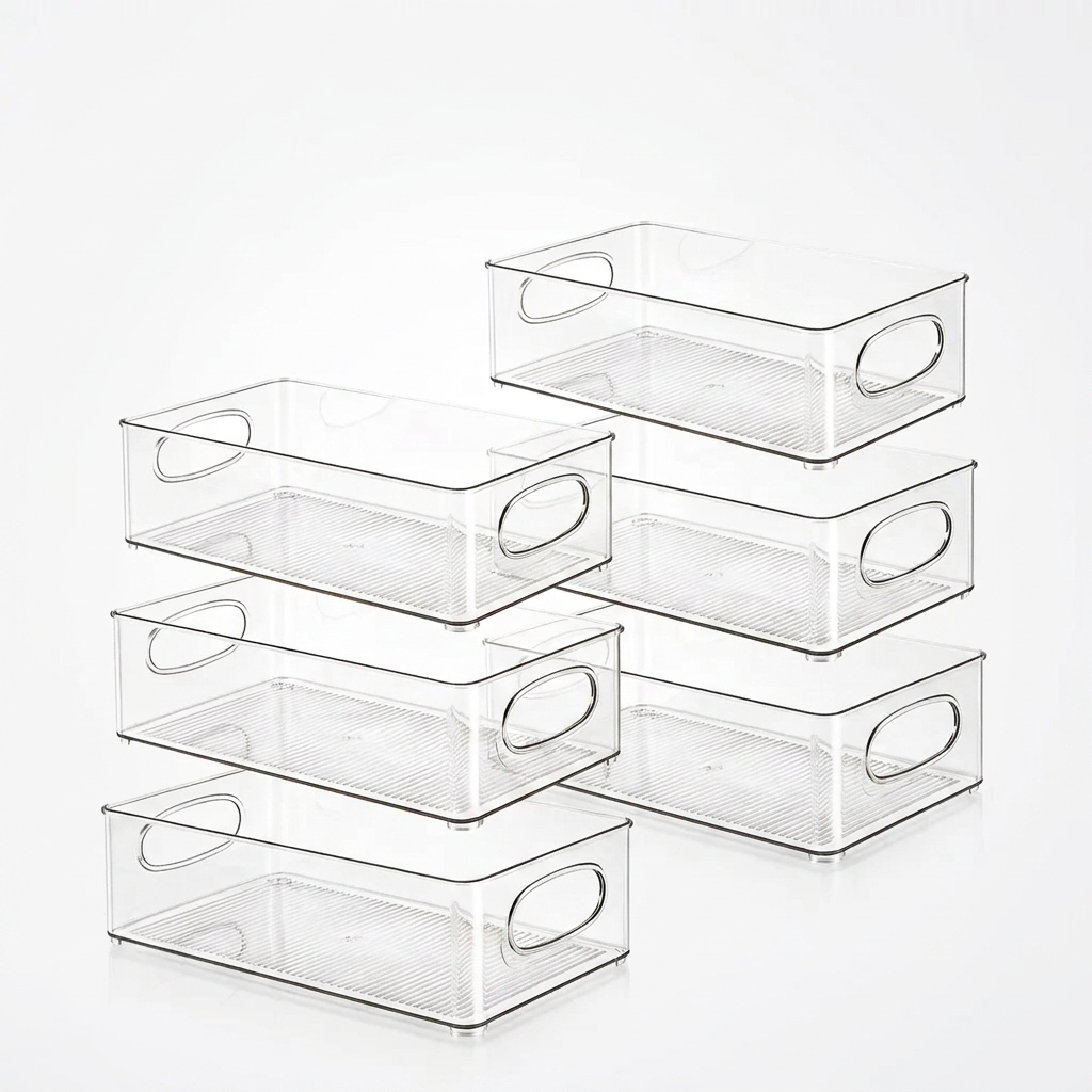 Six clear fridge organiser bins product shot