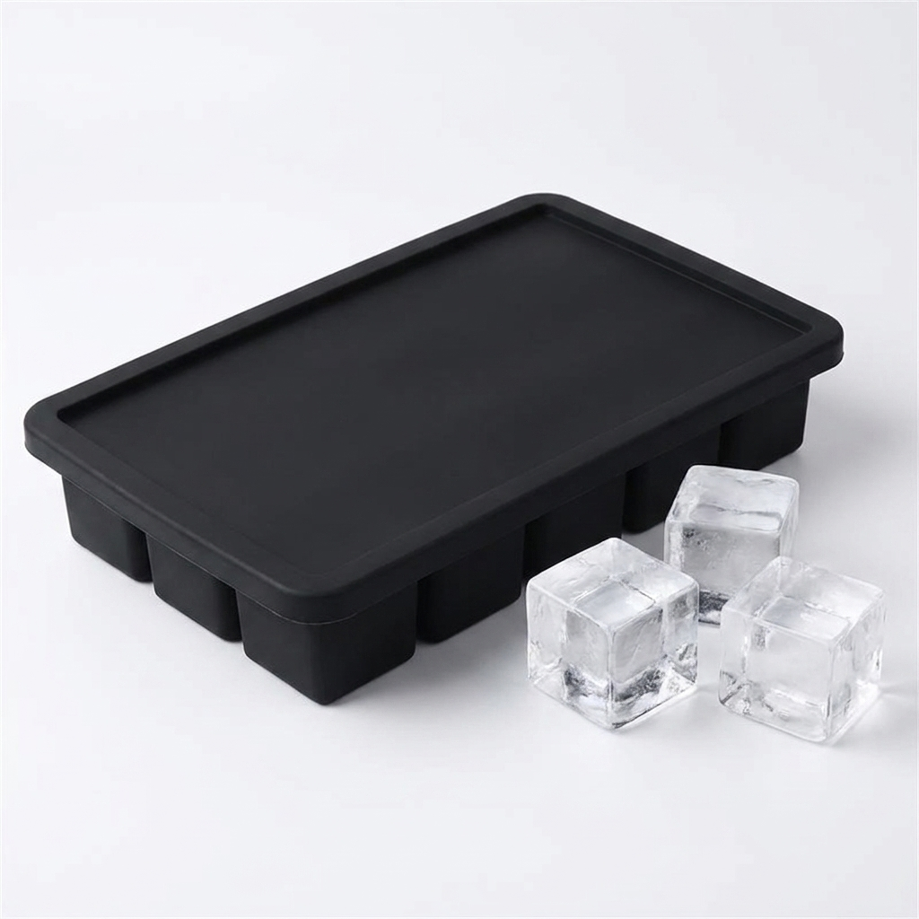 Large silicone ice cube tray with lid and loose ice cubes product shot