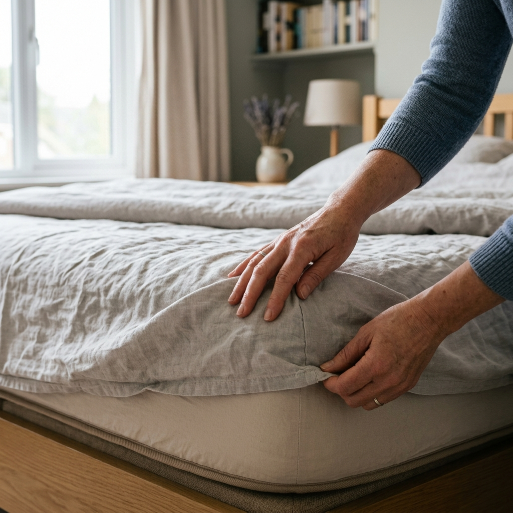 Hands tucking the edge of a washed linen flat sheet under a mattress