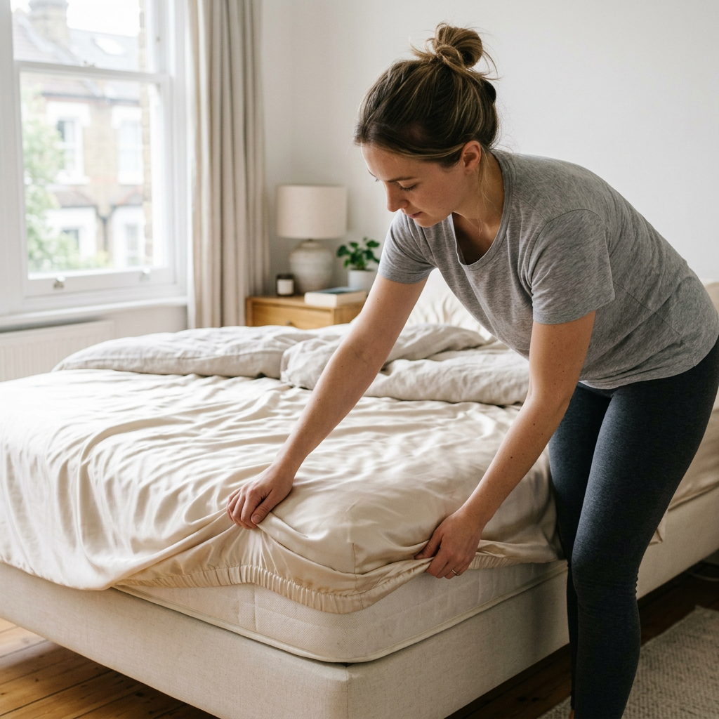 Woman fitting a mulberry silk fitted sheet over a mattress corner with a deep pocket
