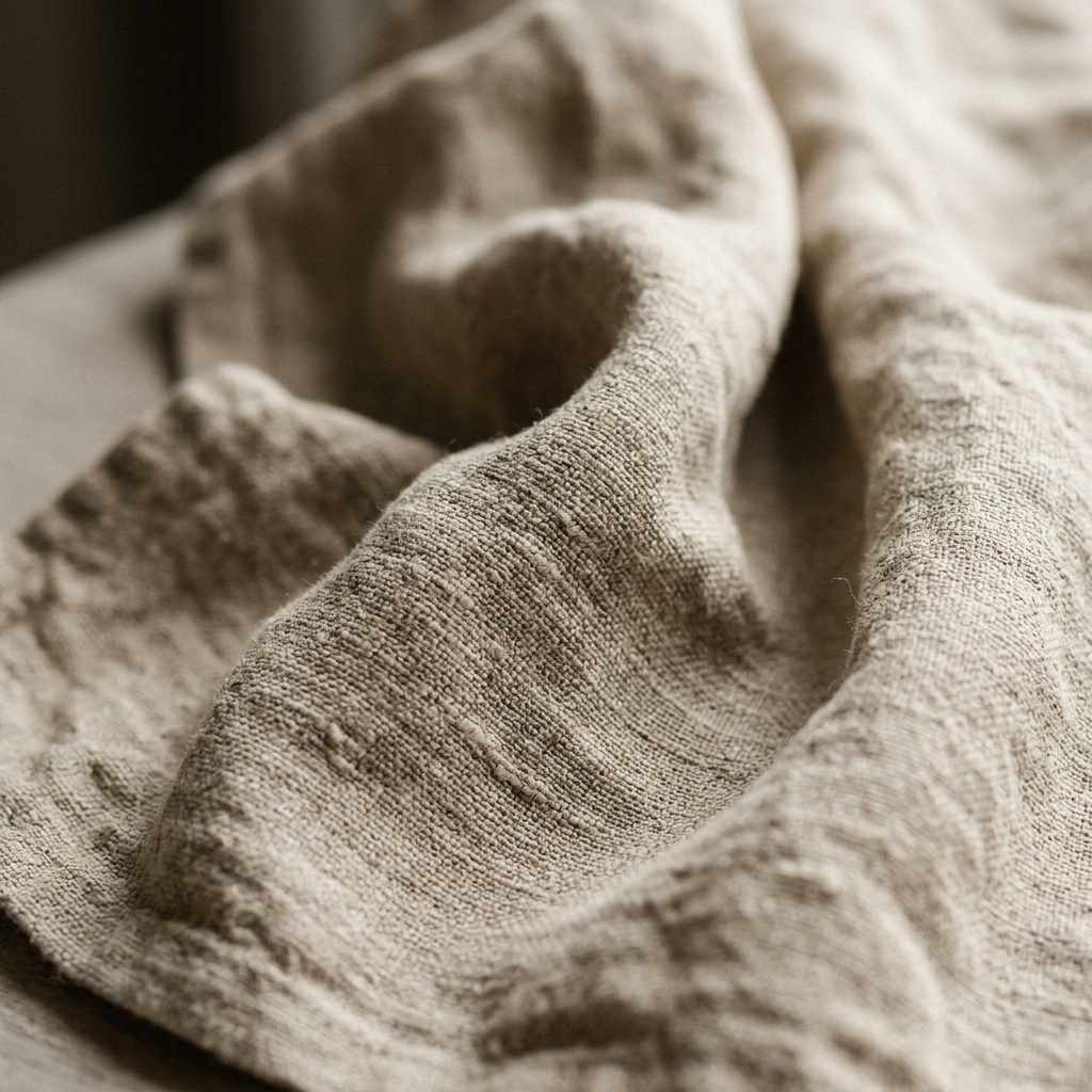 Close detail of stone-washed French flax linen weave and relaxed folds