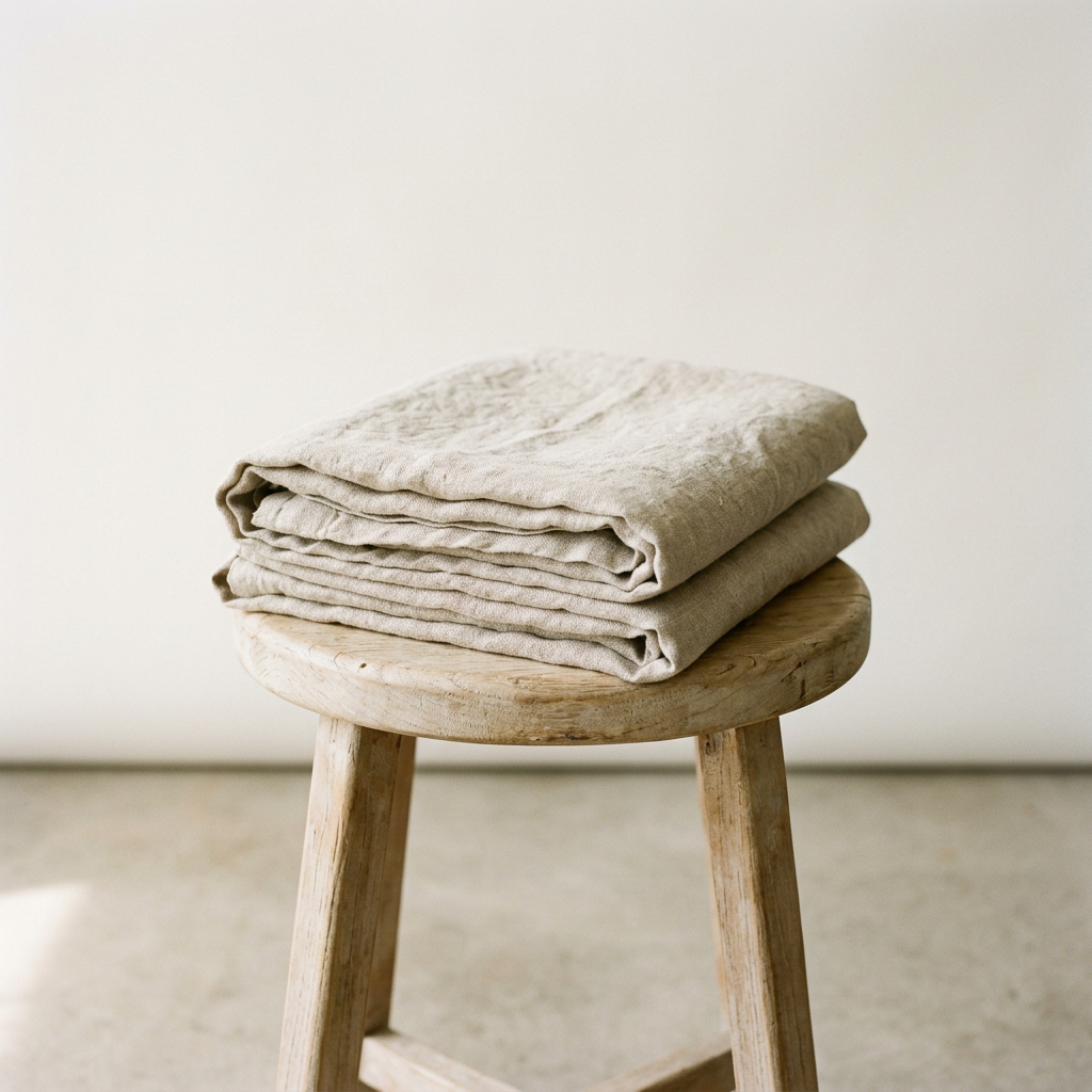 Folded stone-washed French linen flat sheet on a pale wooden stool