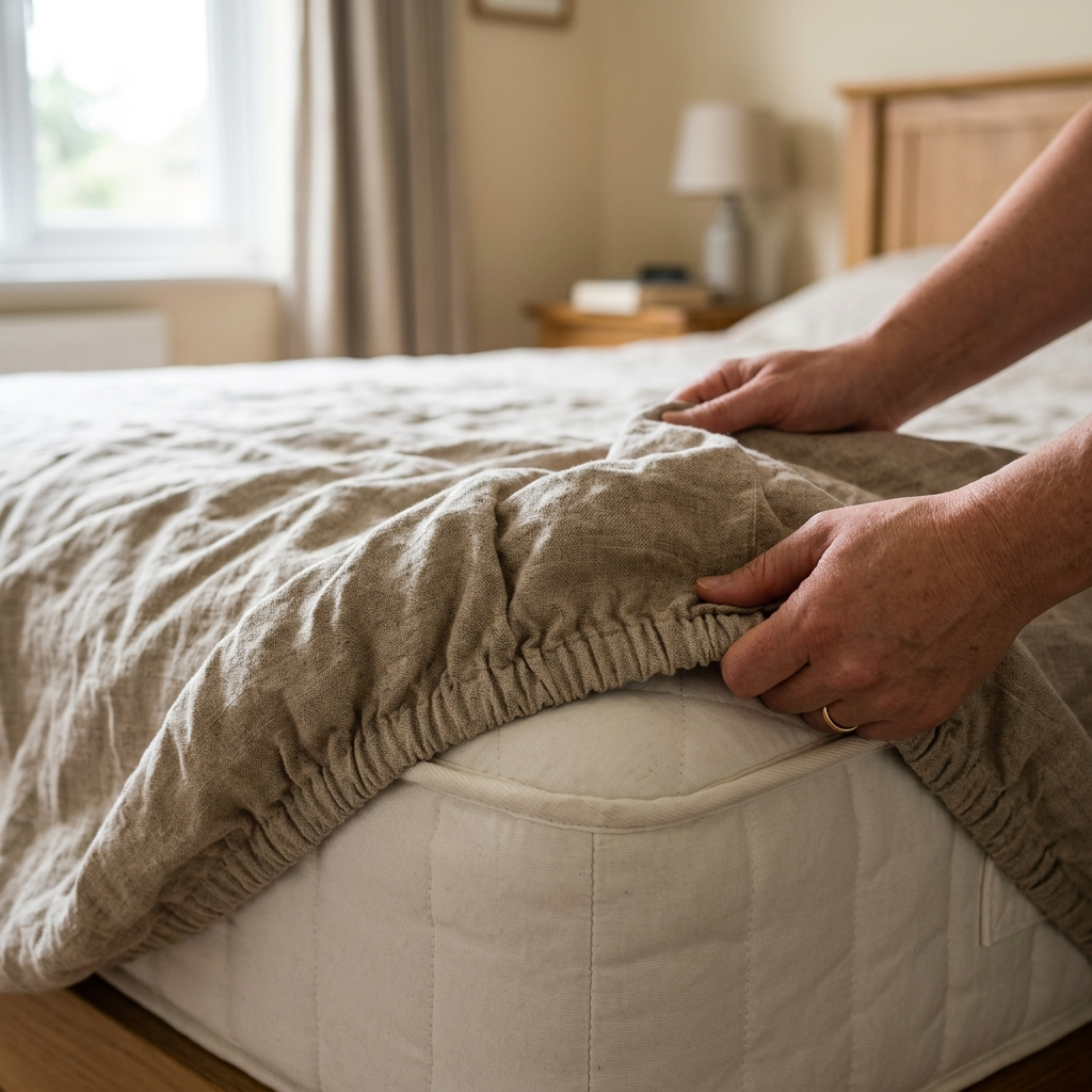 Hands stretching the deep elasticated corner of a linen fitted sheet over a mattress