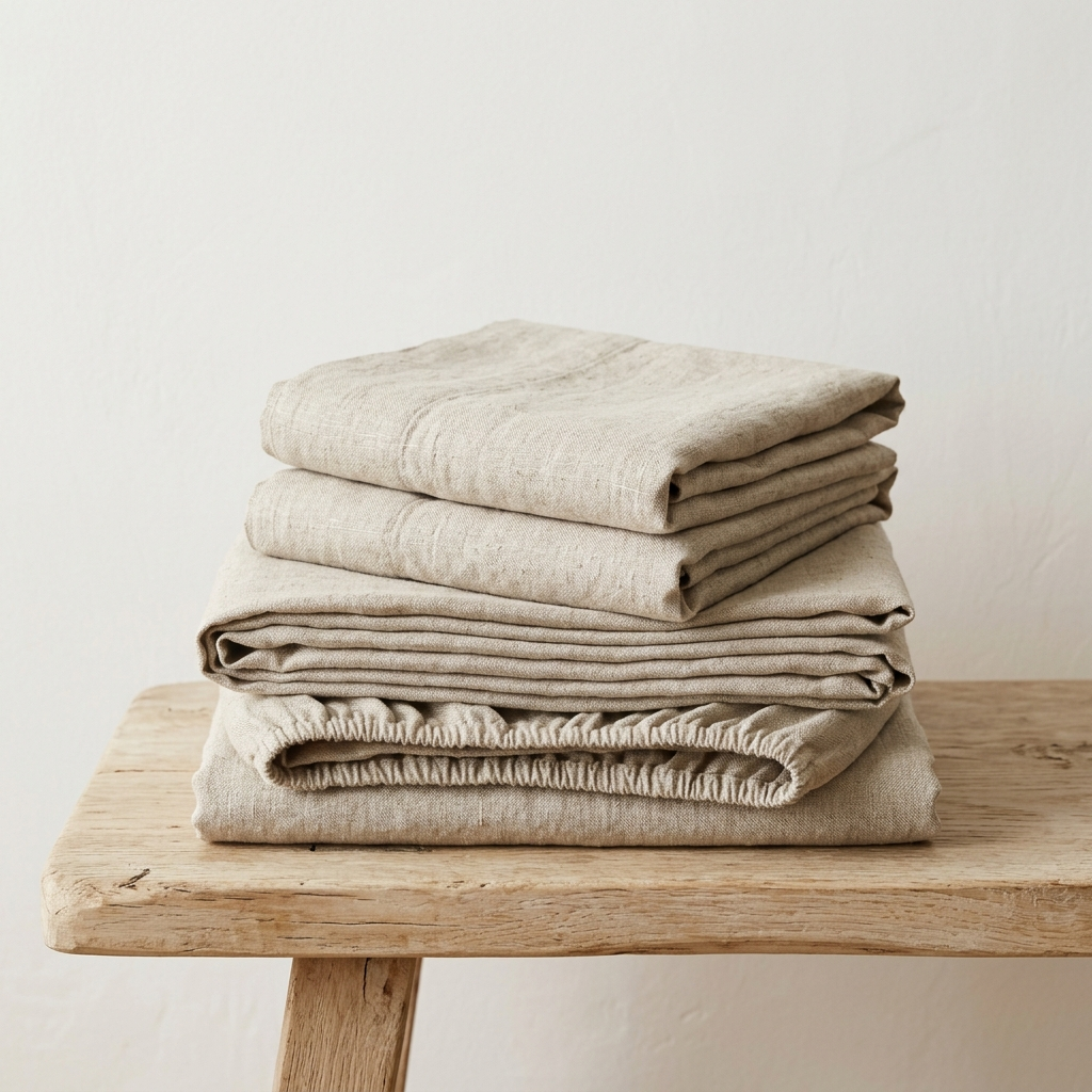 Folded four-piece pure linen bedding set stacked on a wooden bench