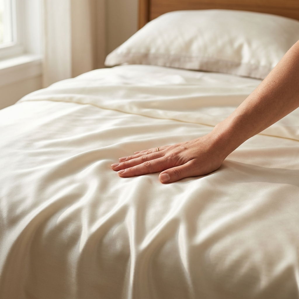 Hand gliding across the smooth surface of a mulberry silk fitted sheet