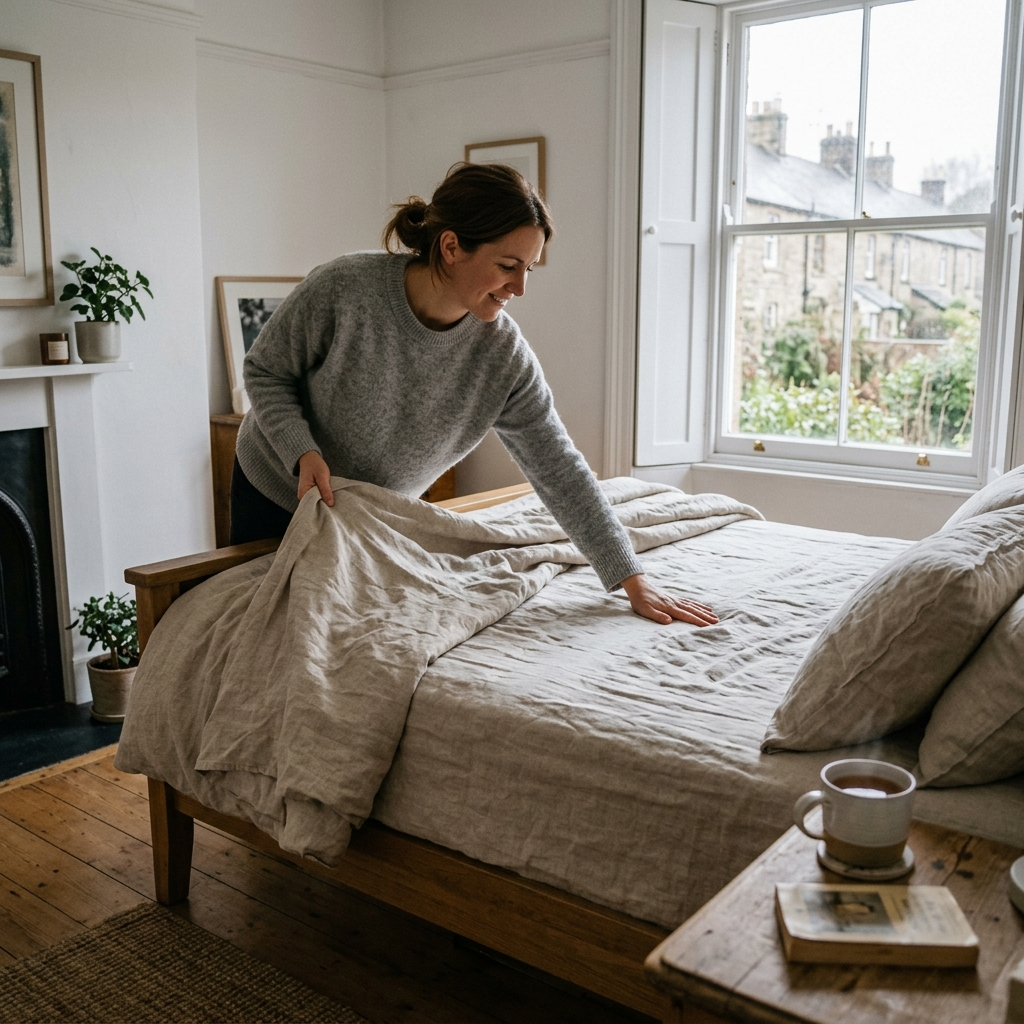 Woman making a bed with natural pure linen bedding in a bright UK bedroom