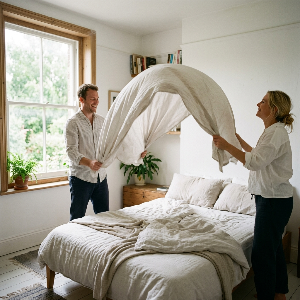 Couple shaking out a large washed linen flat sheet over a bed