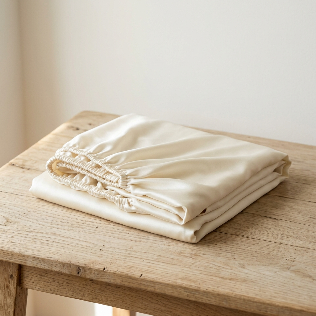 Folded ivory mulberry silk fitted sheet showing its soft sheen
