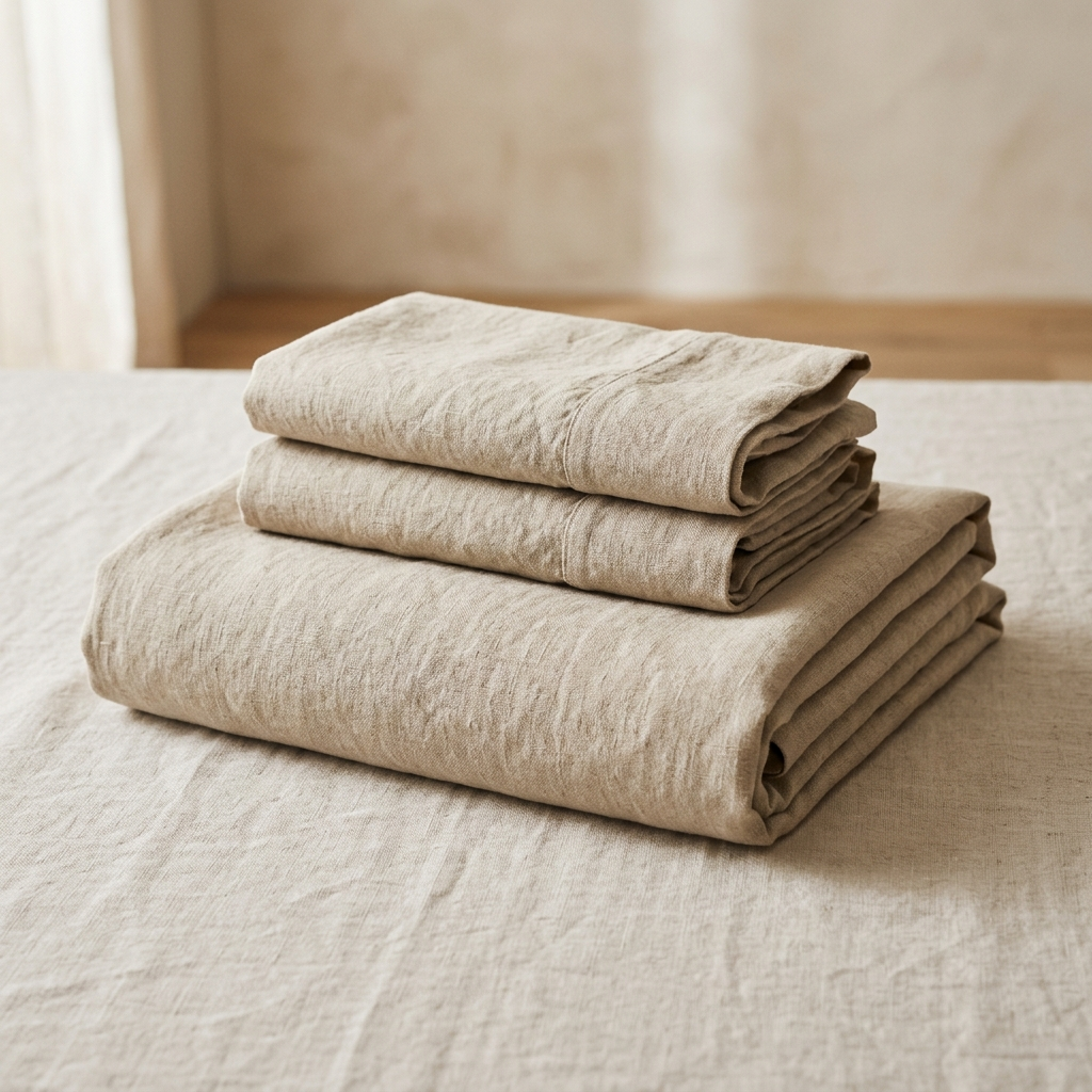 Folded linen flat sheet with two matching pillowcases stacked on top
