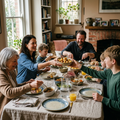 Family Sunday lunch around a table dressed with a natural linen tablecloth