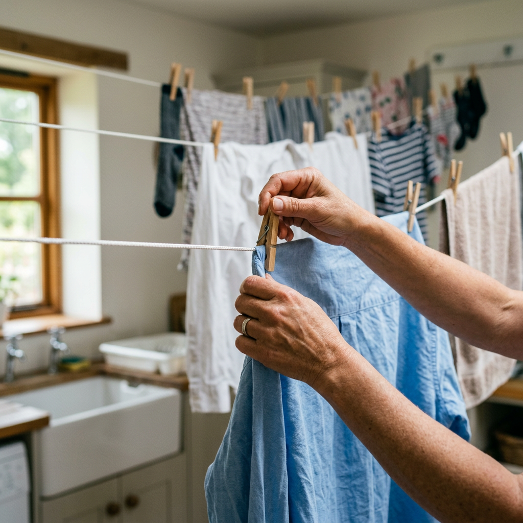 Hands pegging damp washing onto taut retractable indoor drying lines