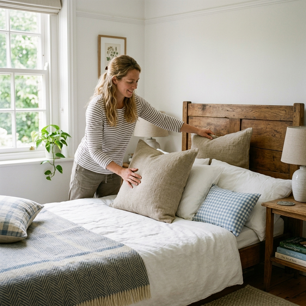 Person arranging square linen Euro pillows against a headboard on a made bed