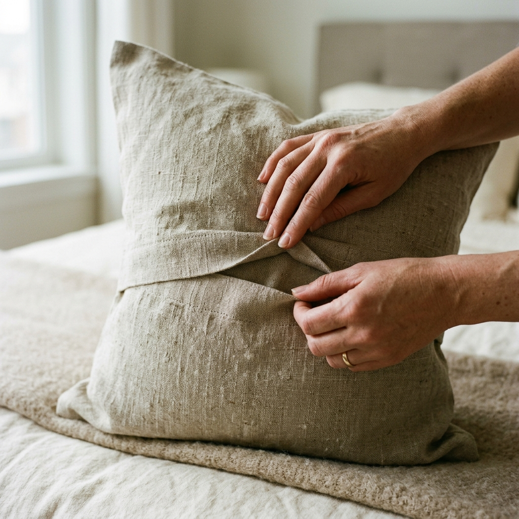 Hands closing the envelope flap on the back of a linen Euro pillowcase