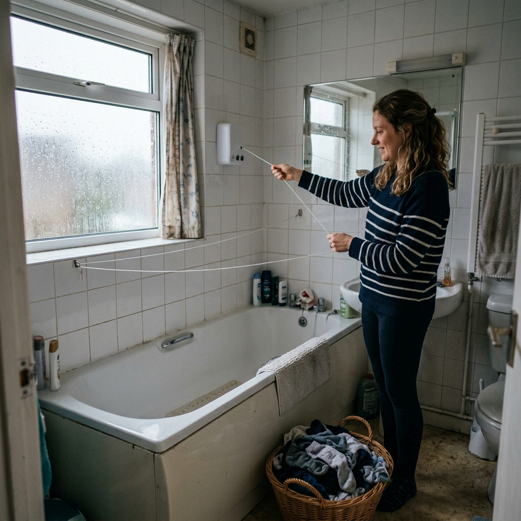 Woman pulling a retractable washing line out from the wall above a bath