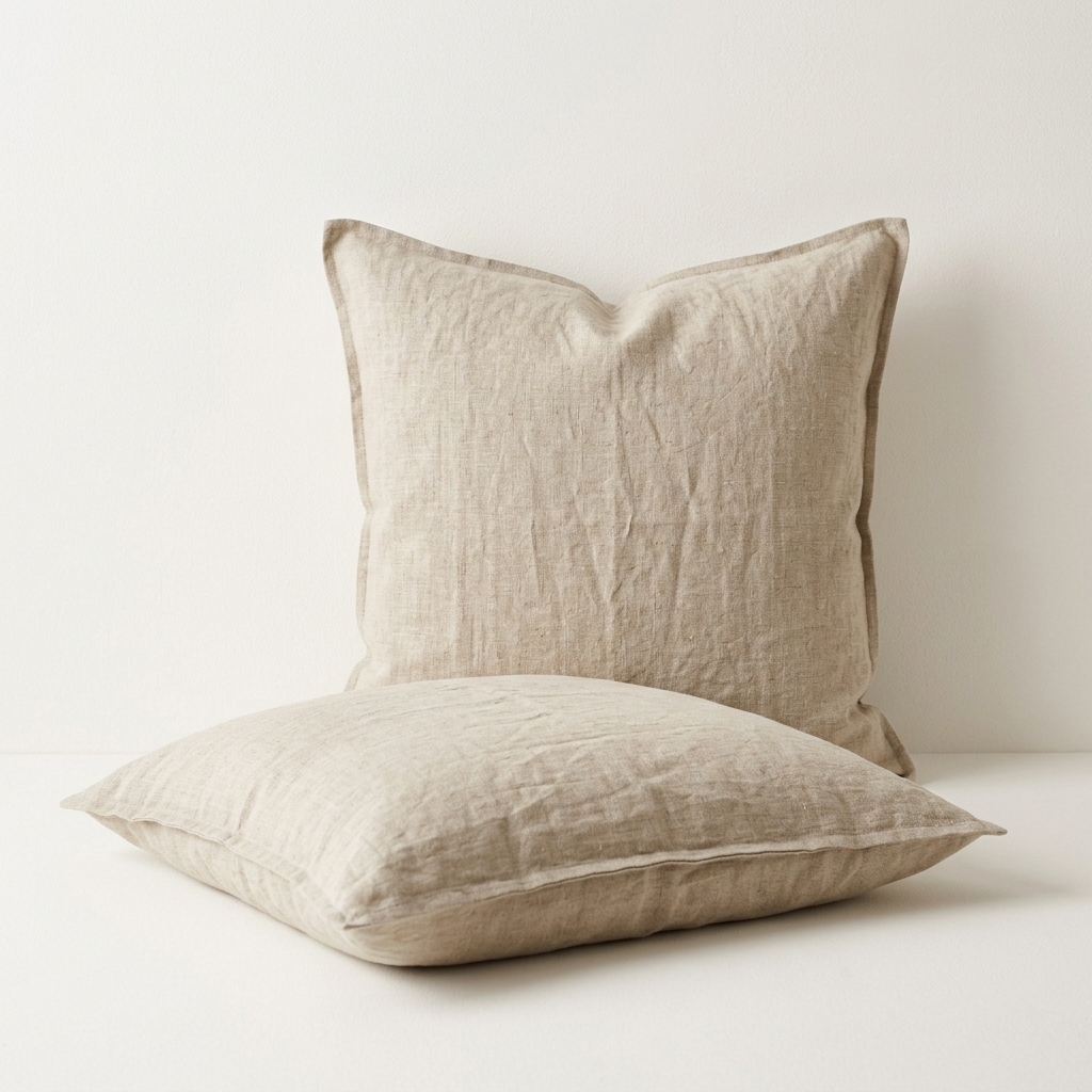 Pair of square natural flax linen Euro pillowcases showing washed texture