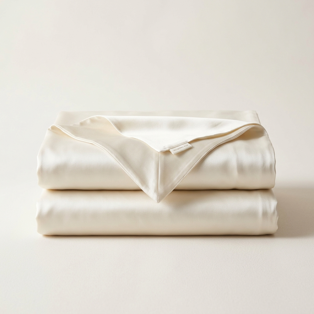 Pair of ivory mulberry silk pillowcases stacked showing the envelope opening