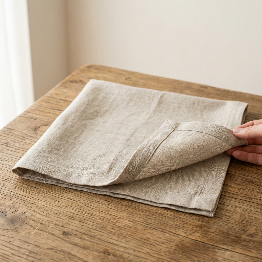 Folded natural linen tablecloth on a wooden table with one corner lifted