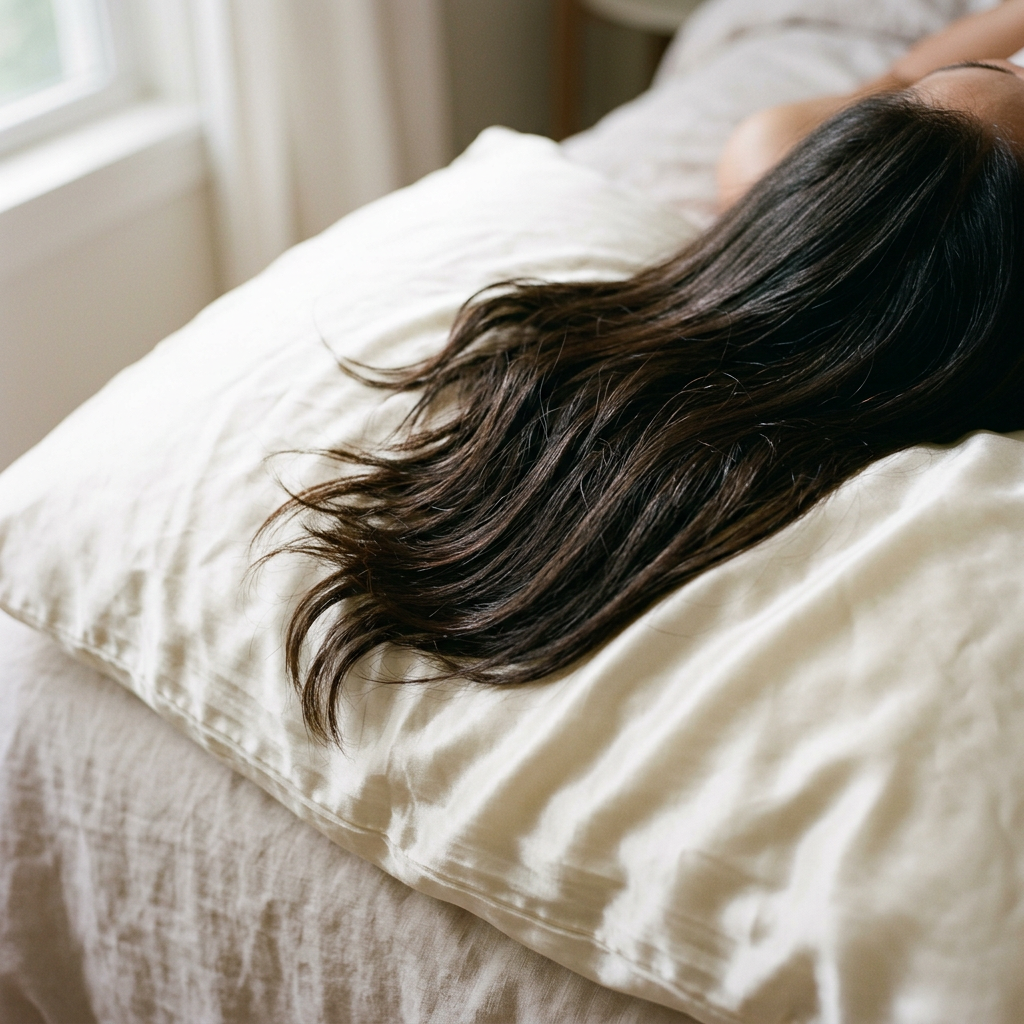 Long hair sliding smoothly across the surface of a mulberry silk pillowcase