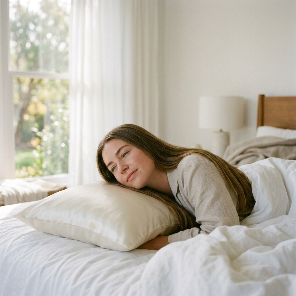Woman waking with smooth frizz-free hair on a silk pillowcase in morning light