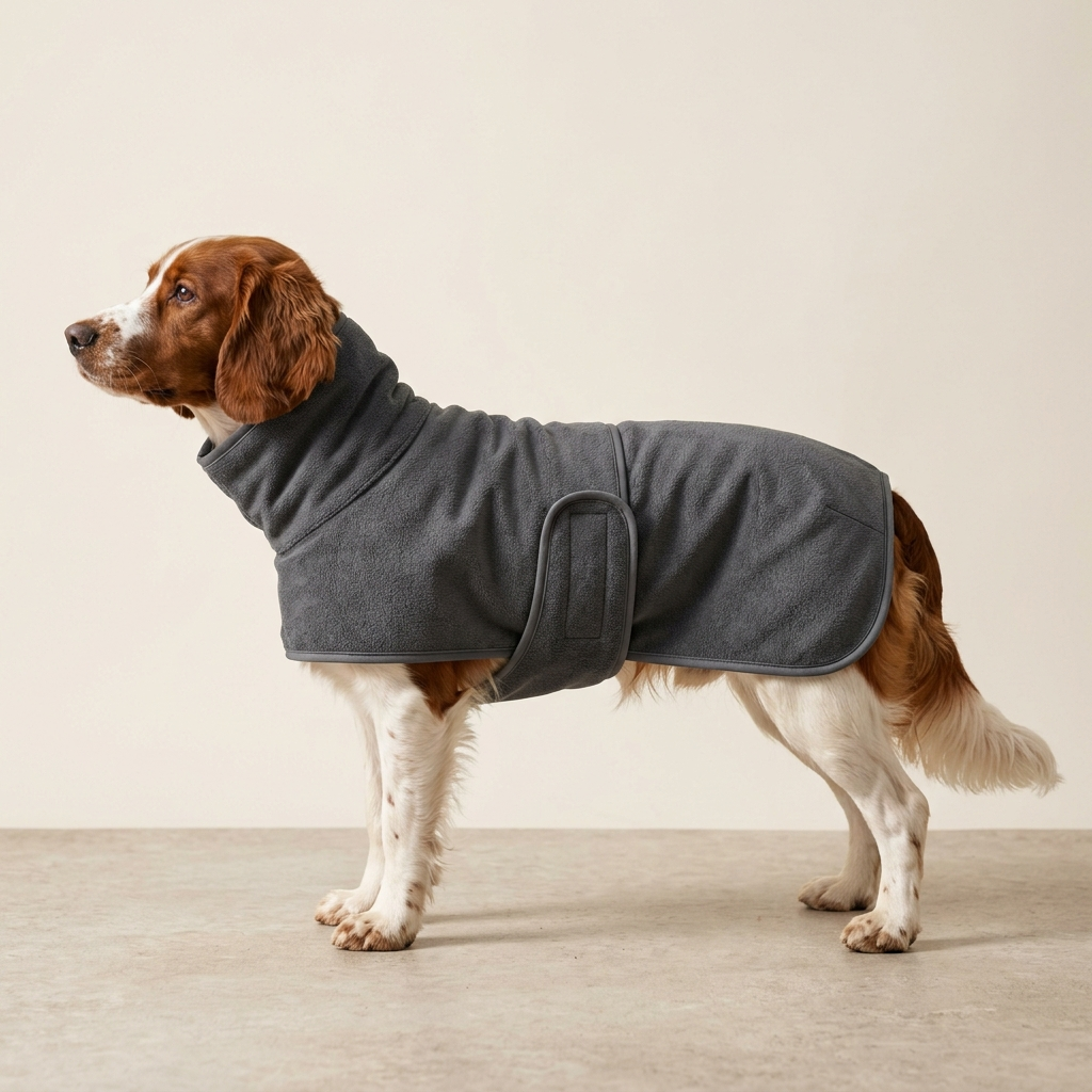 Spaniel wearing the microfibre drying coat showing full back, side and chest coverage