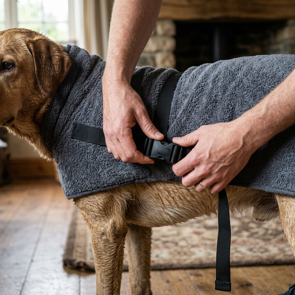 Hands fastening the adjustable belly strap of the microfibre dog drying coat