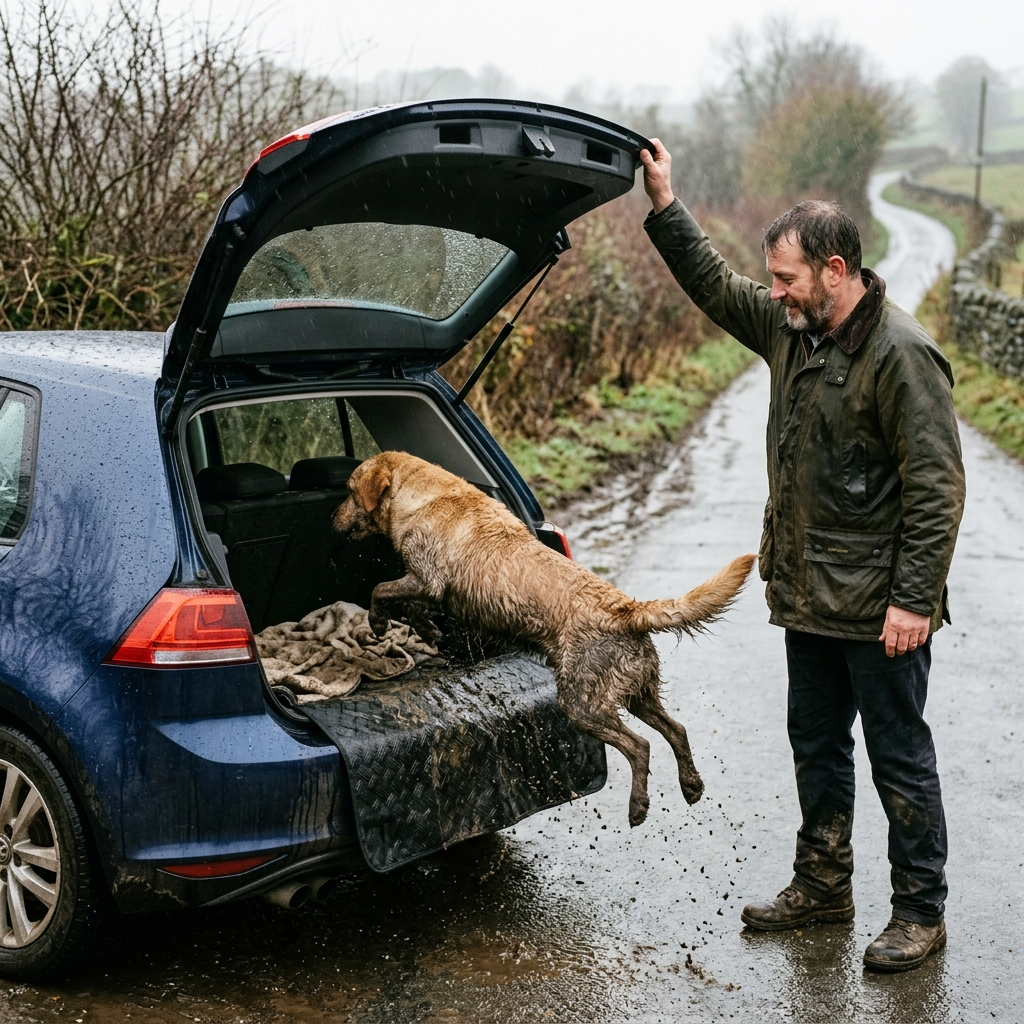 Muddy wet labrador jumping into a car boot lined with the waterproof boot liner