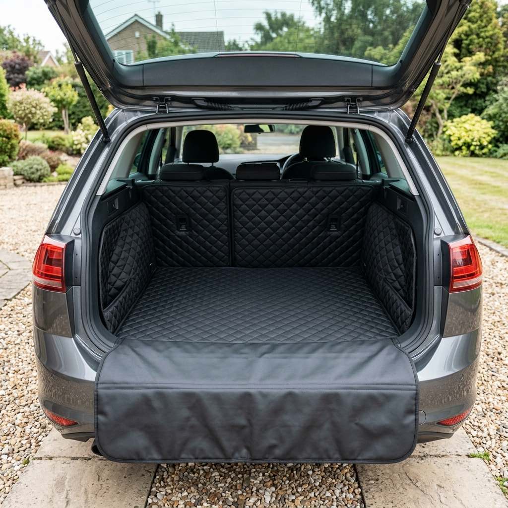 Waterproof boot liner fitted in a hatchback boot with side wings and bumper flap