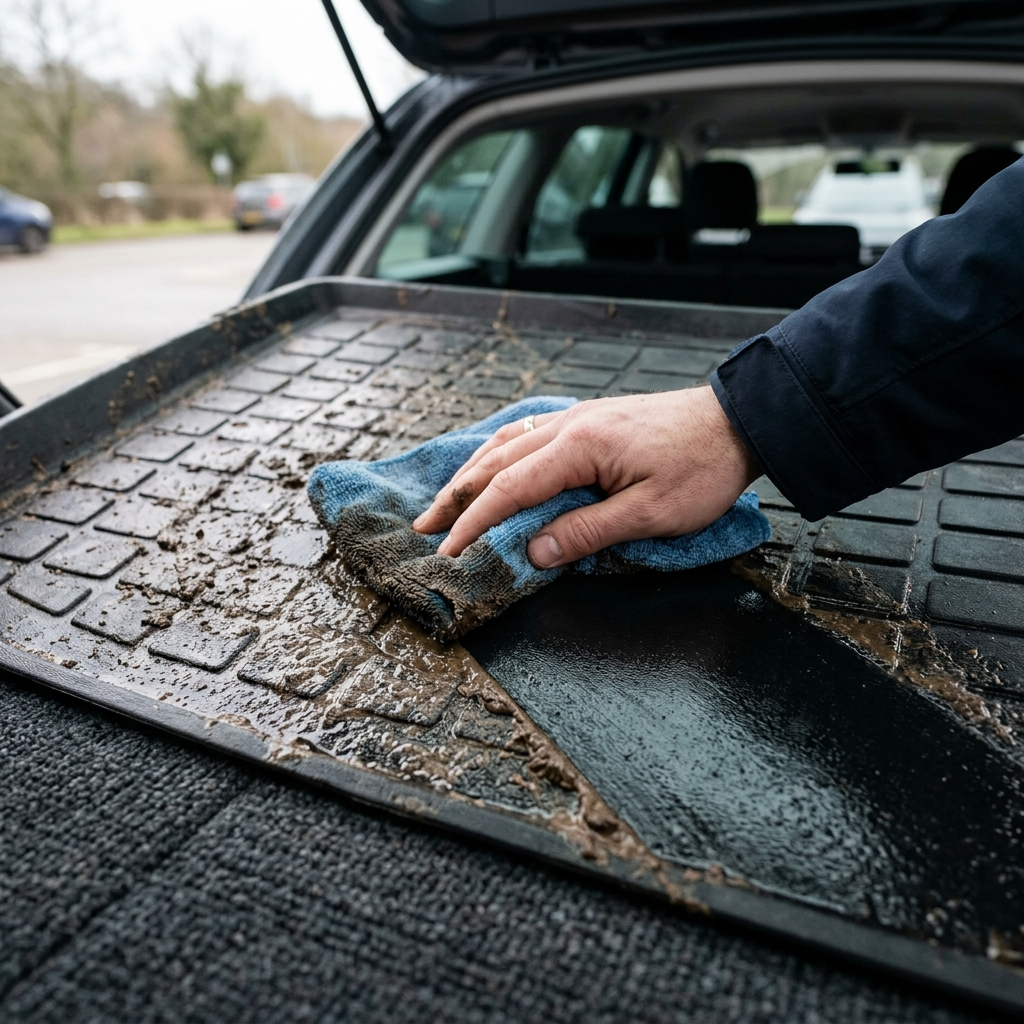 Hand wiping wet mud cleanly off the waterproof car boot liner with a cloth