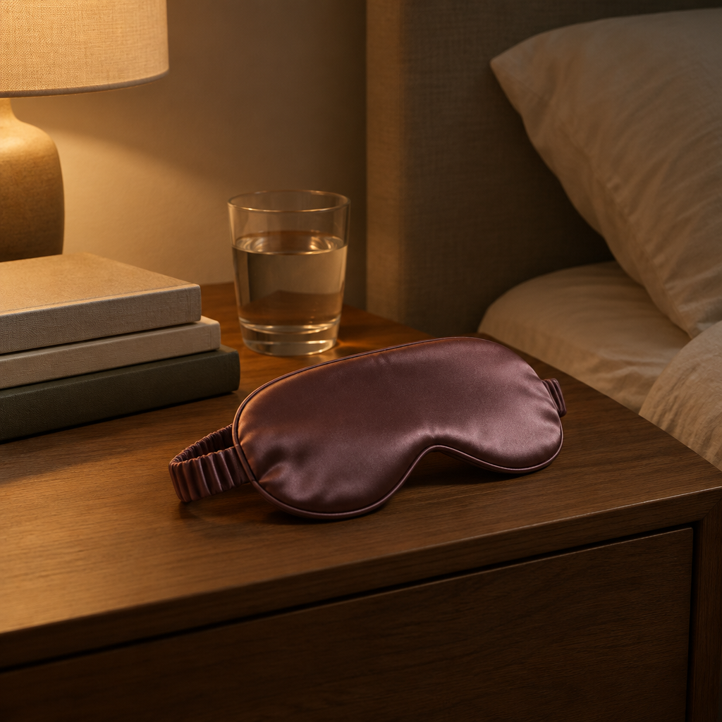 Mulberry silk sleep mask on a bedside table in warm lamplight