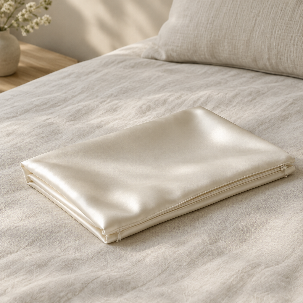 Folded ivory mulberry silk pillowcase showing its soft sheen and hidden zip