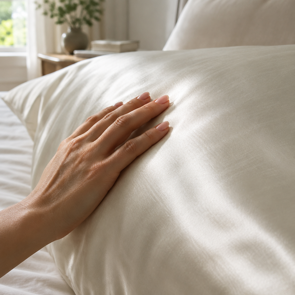 Hand gliding across the smooth surface of a mulberry silk pillowcase