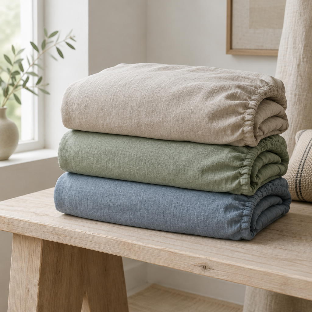Folded stonewashed linen fitted sheets in oatmeal, sage and dusty blue