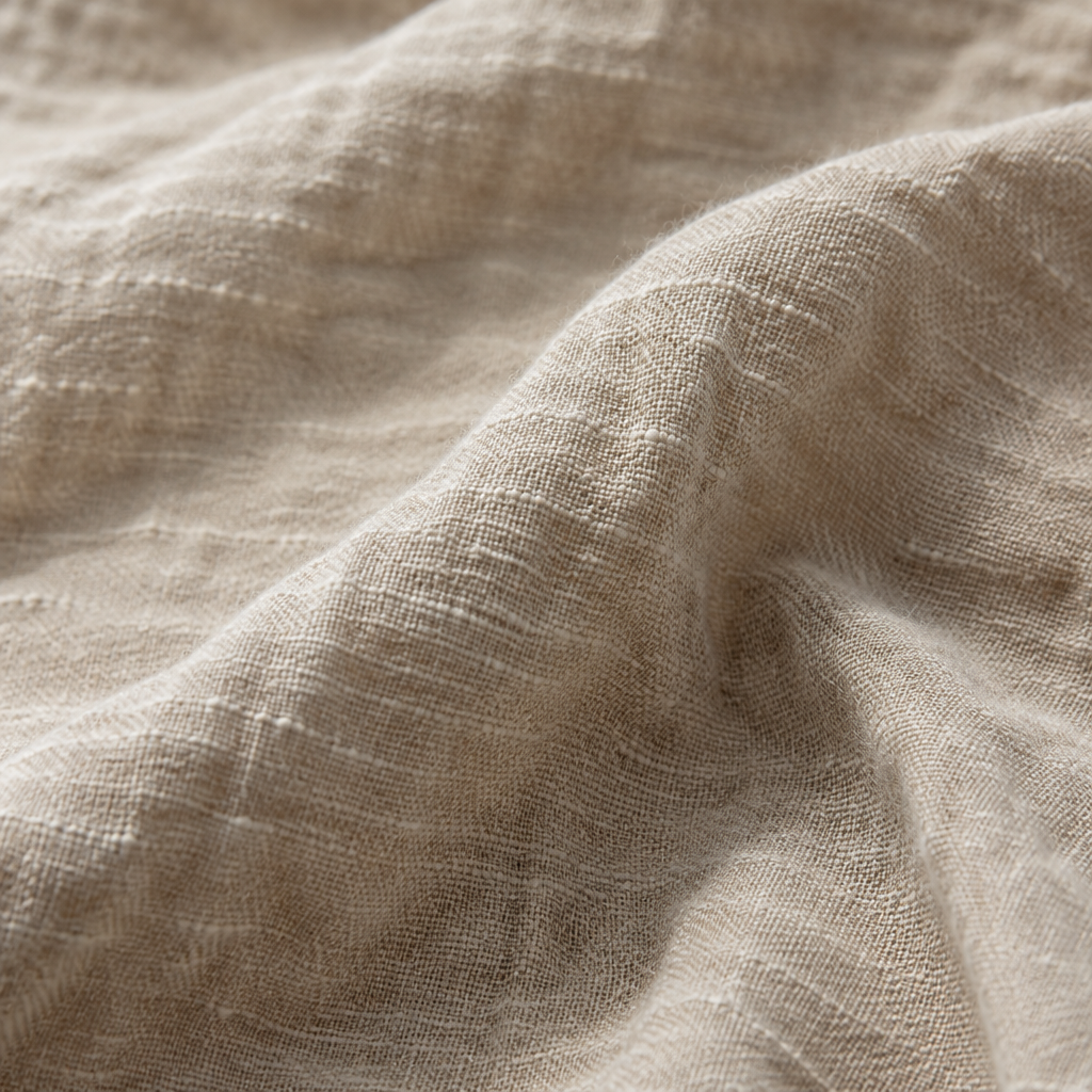 Close-up of stonewashed French flax linen showing its soft slubby weave